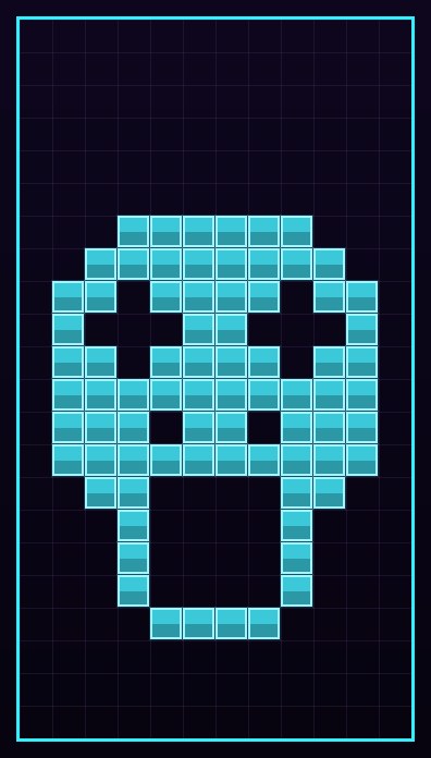 A custom Blocktrix death field — a skull drawn in cyan blocks on the board