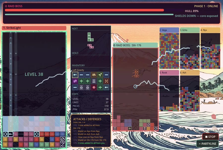 A Blocktrix raid in progress — the Overseer boss tower flanked by five teammate boards, with the hull and shield bars up top