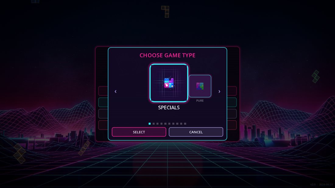 The Choose Game Type carousel with glowing mode tiles.