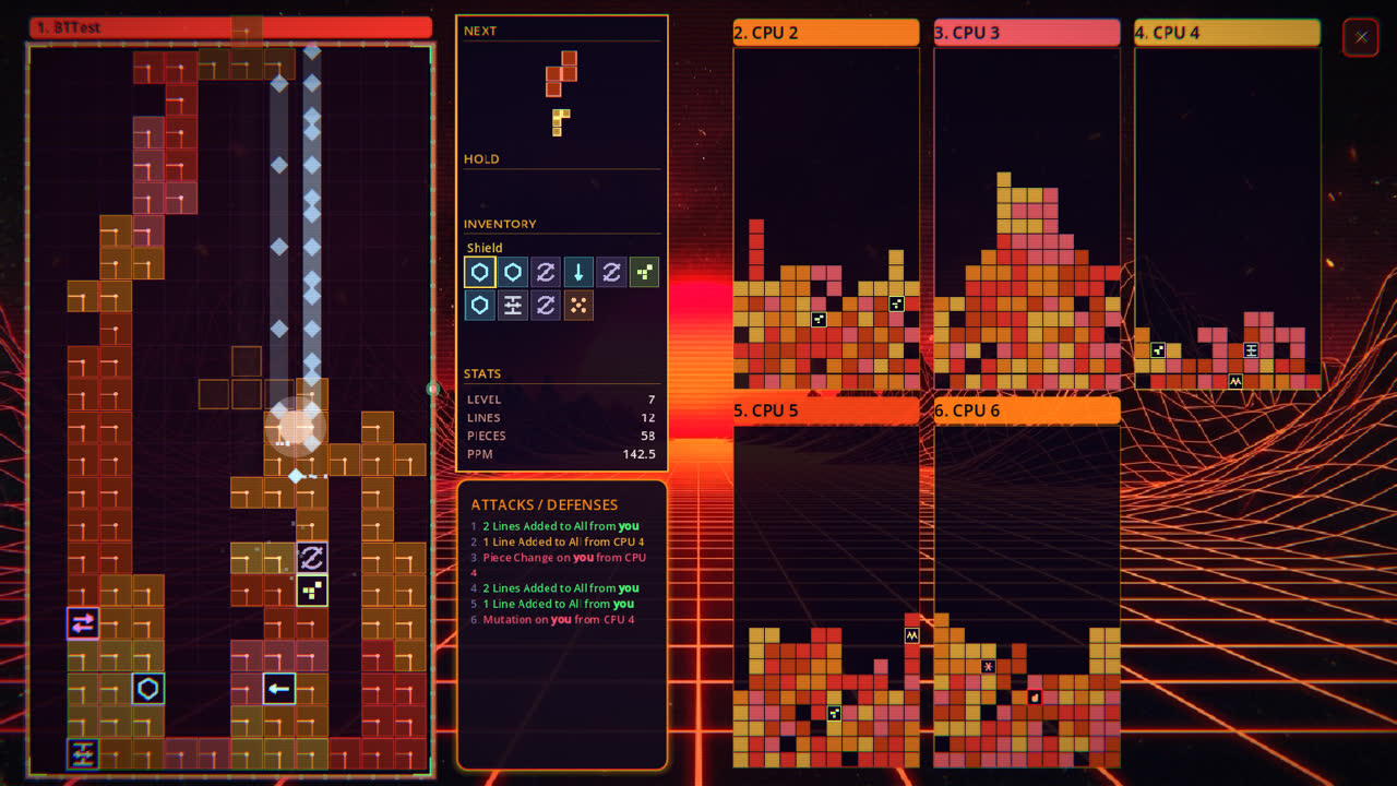 Blocktrix in the Crimson theme — molten red-orange neon boards.