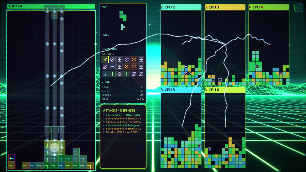 Blocktrix in the Emerald theme — green neon boards with a lightning attack arc.
