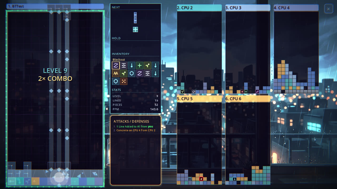 Blocktrix in the Rainy Day theme — a rainy neon cityscape behind the boards.