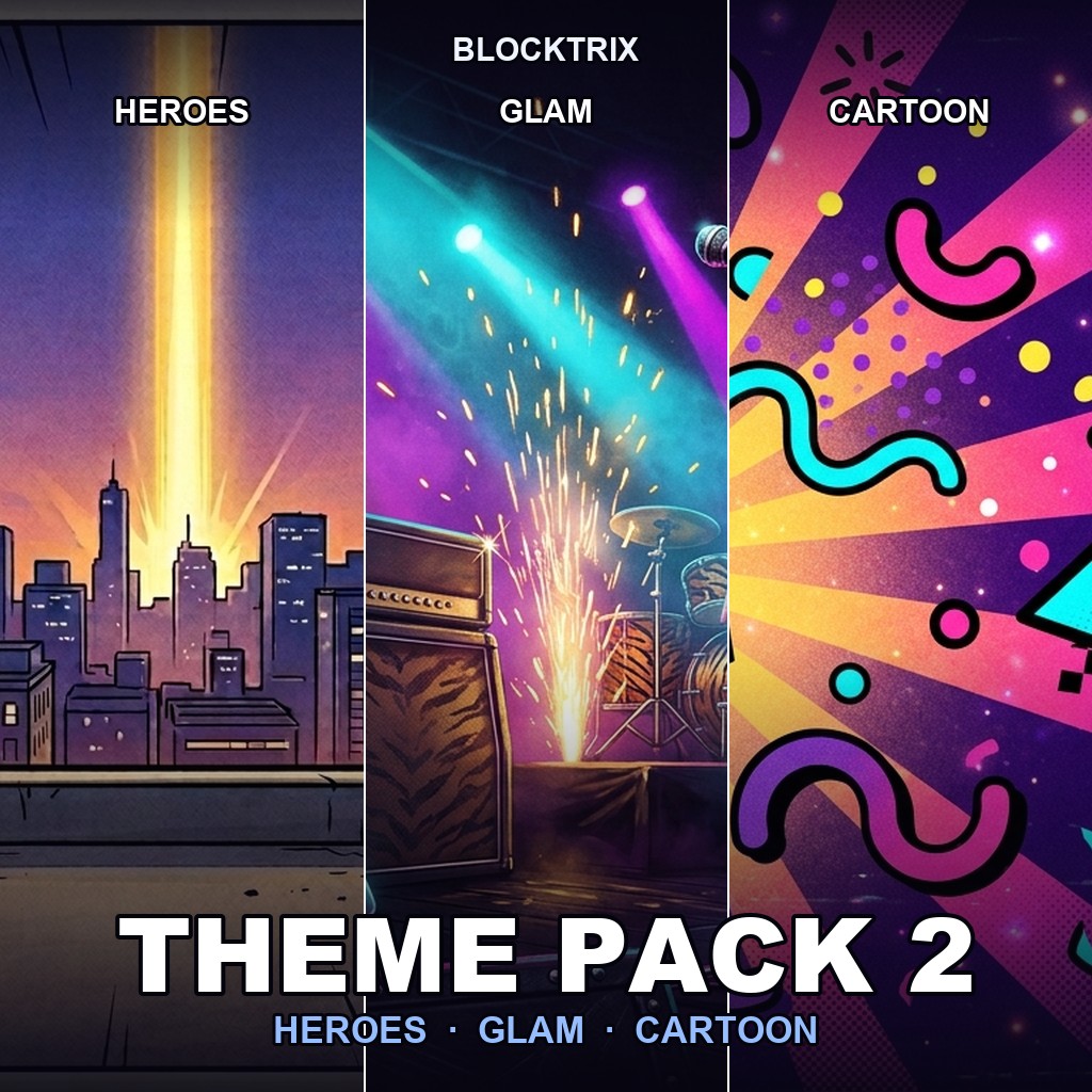 Theme Pack 2 — the Heroes, Glam and Cartoon themes side by side.